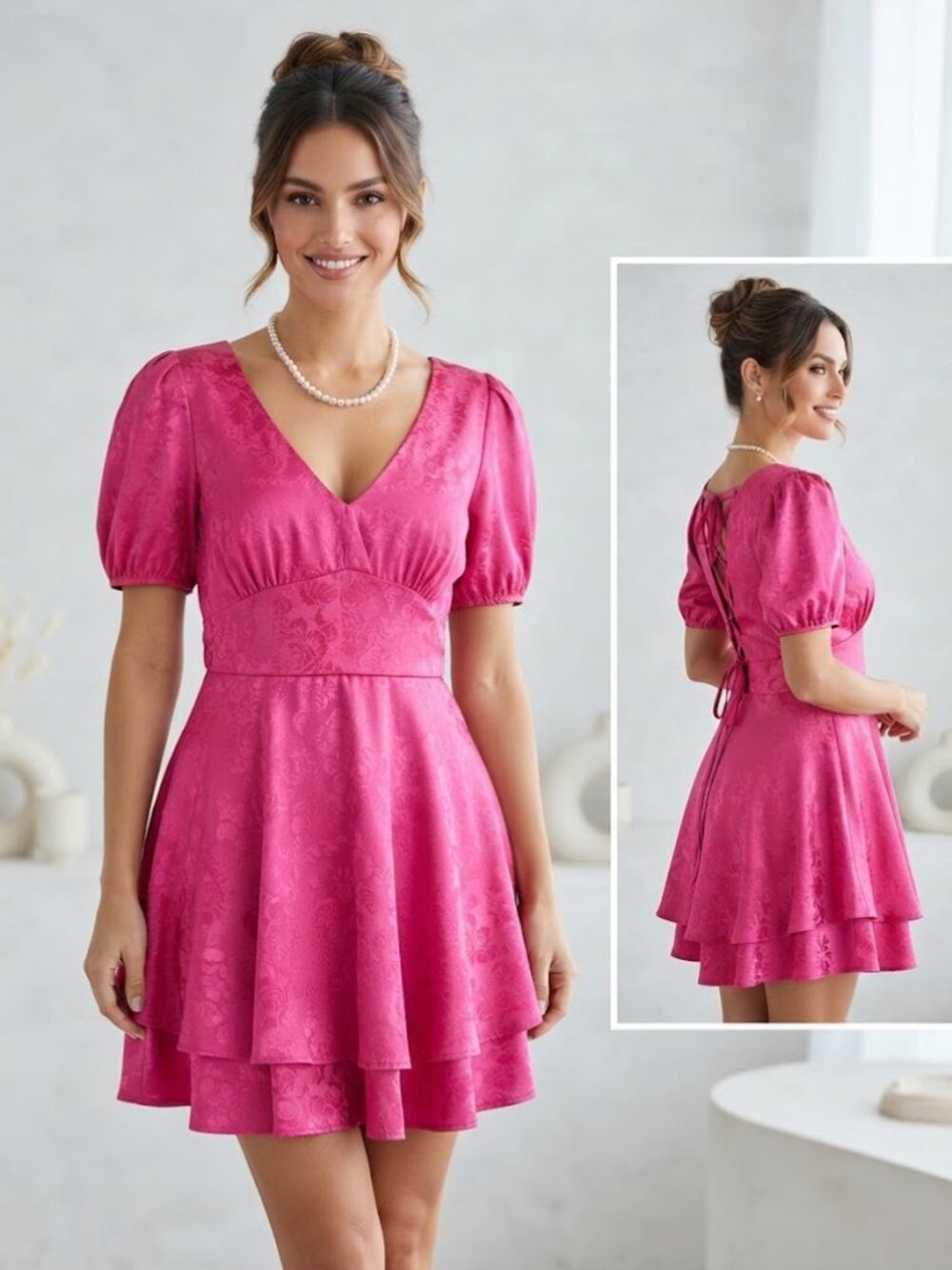 Allison & Kelly Fuchsia Pink Jacquard Satin Puff Sleeve Mini Dress Size Medium
